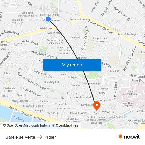 Gare-Rue Verte to Pigier map