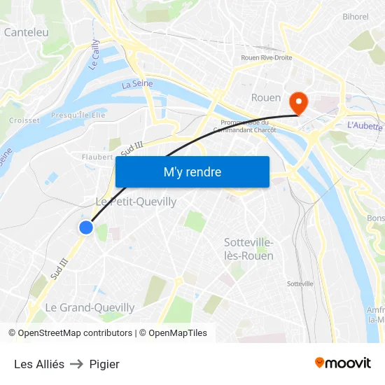 Les Alliés to Pigier map