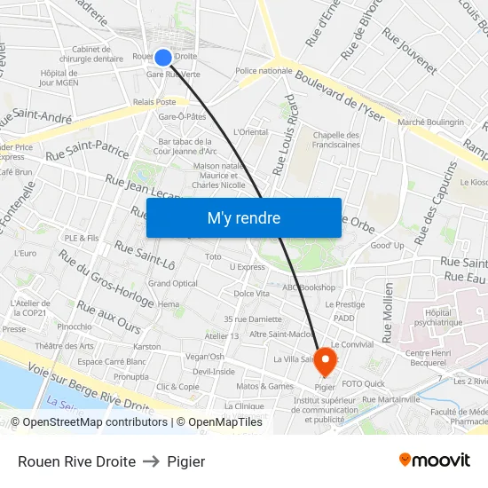 Rouen Rive Droite to Pigier map