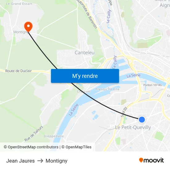 Jean Jaures to Montigny map