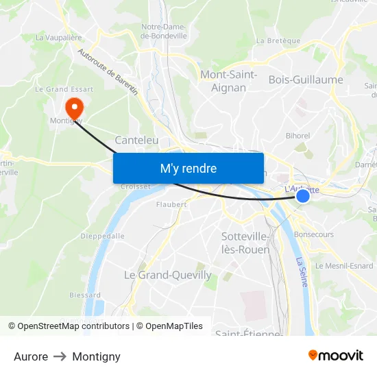 Aurore to Montigny map