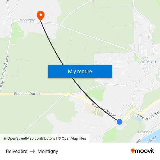 Belvédère to Montigny map