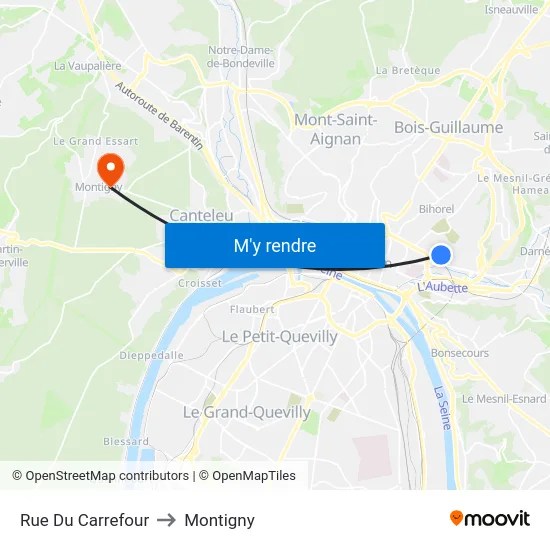 Rue Du Carrefour to Montigny map