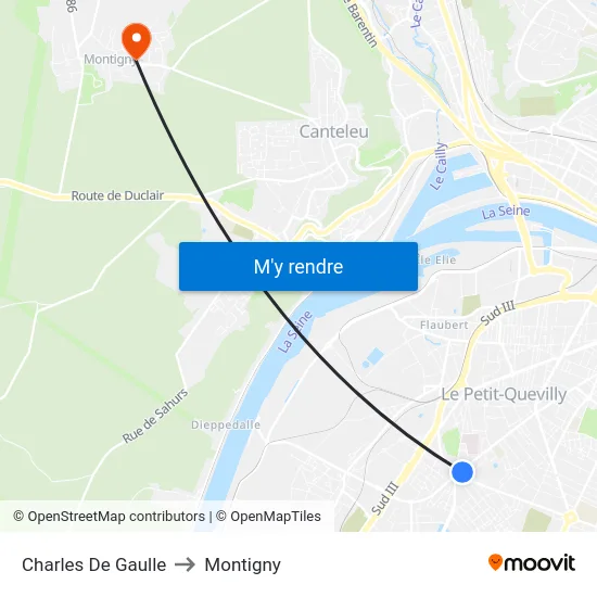 Charles De Gaulle to Montigny map