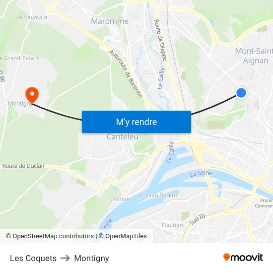 Les Coquets to Montigny map