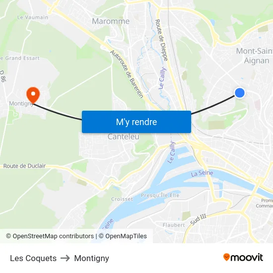 Les Coquets to Montigny map