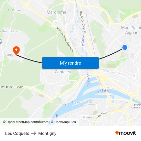 Les Coquets to Montigny map