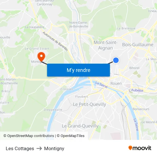 Les Cottages to Montigny map