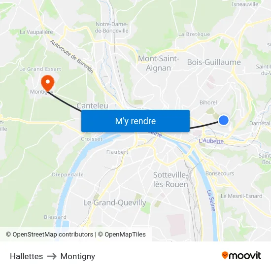 Hallettes to Montigny map