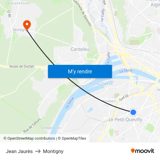 Jean Jaurès to Montigny map