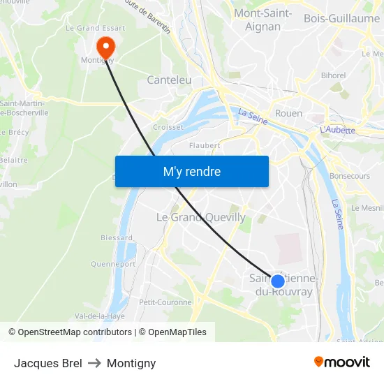 Jacques Brel to Montigny map