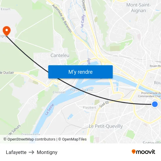 Lafayette to Montigny map