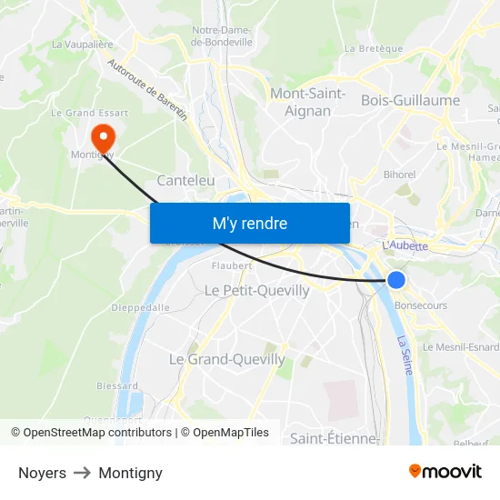 Noyers to Montigny map