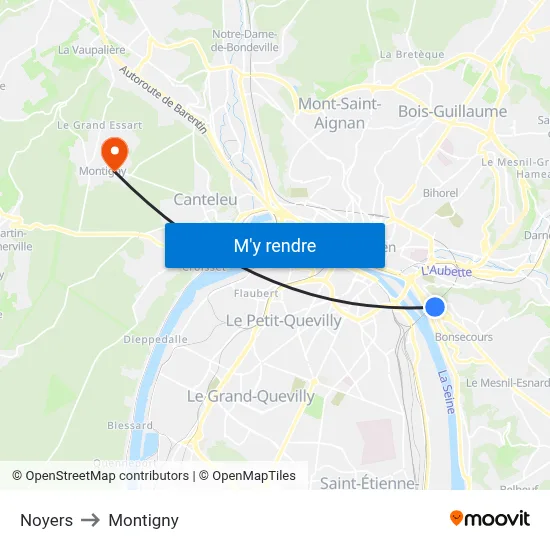 Noyers to Montigny map