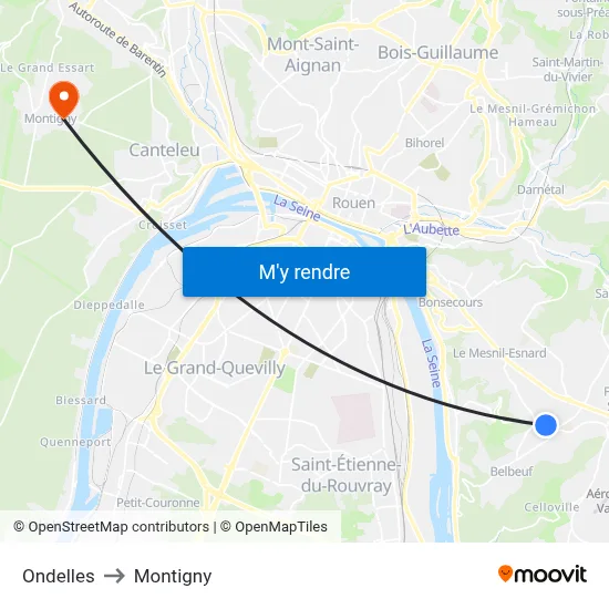 Ondelles to Montigny map