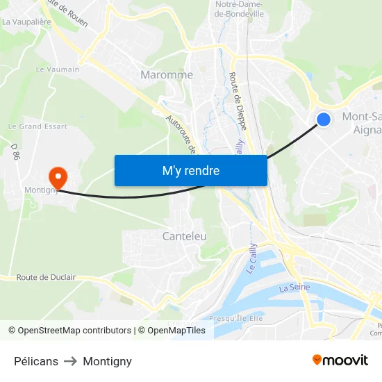 Pélicans to Montigny map