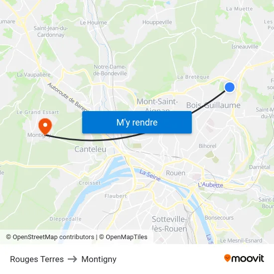 Rouges Terres to Montigny map