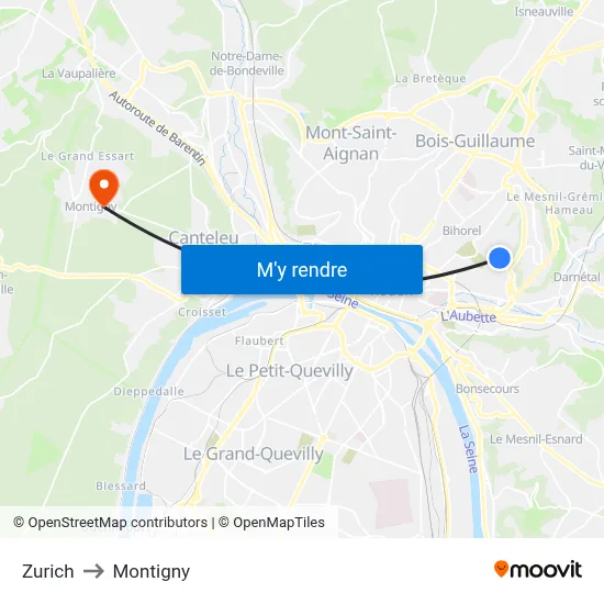 Zurich to Montigny map