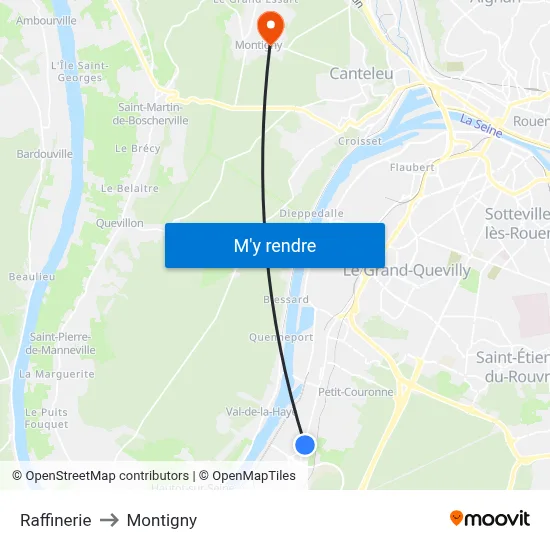 Raffinerie to Montigny map