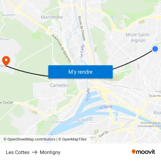 Les Cottes to Montigny map