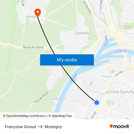 Françoise Giroud to Montigny map