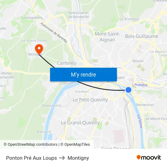 Ponton Pré Aux Loups to Montigny map
