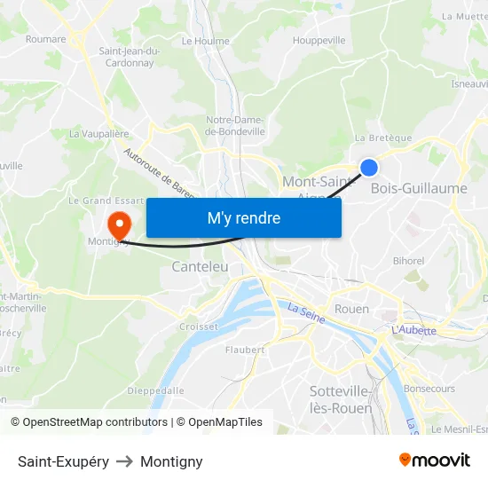 Saint-Exupéry to Montigny map