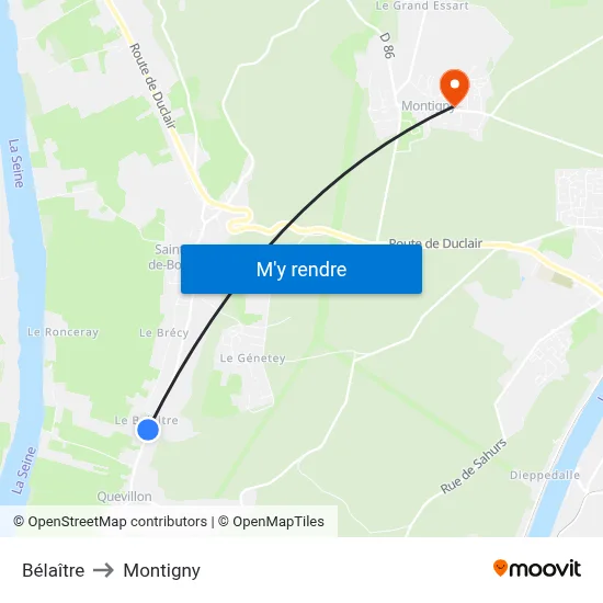 Bélaître to Montigny map