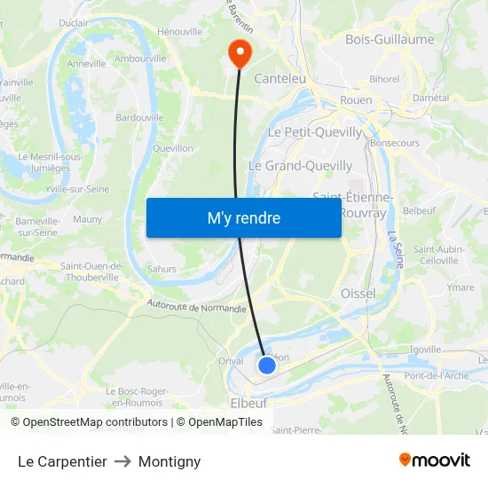 Le Carpentier to Montigny map