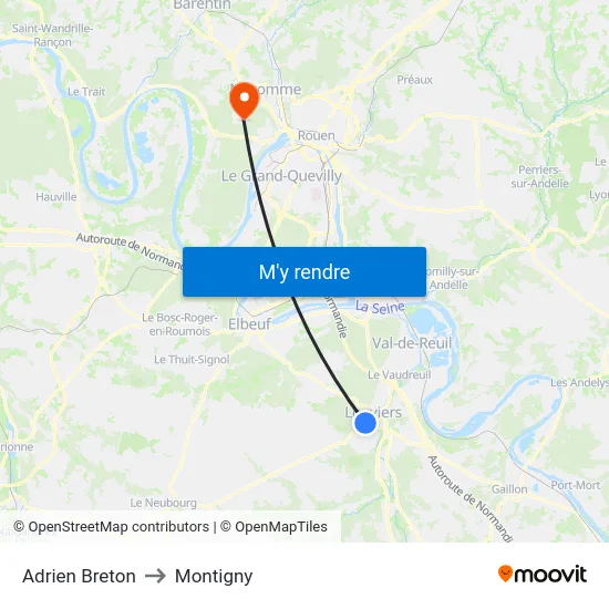 Adrien Breton to Montigny map