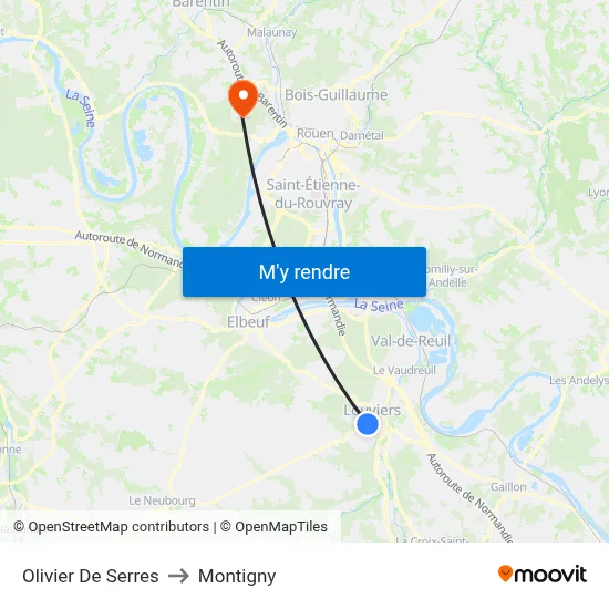 Olivier De Serres to Montigny map