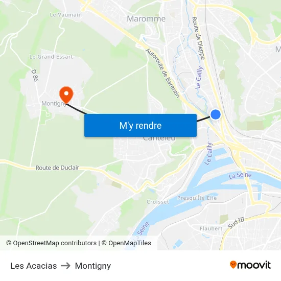 Les Acacias to Montigny map