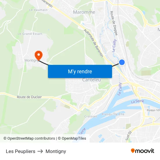 Les Peupliers to Montigny map