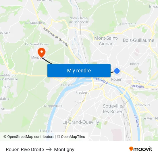 Rouen Rive Droite to Montigny map