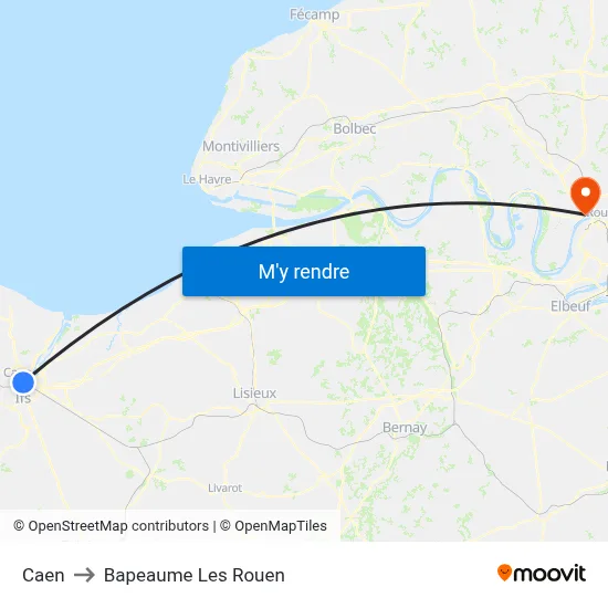 Caen to Bapeaume Les Rouen map