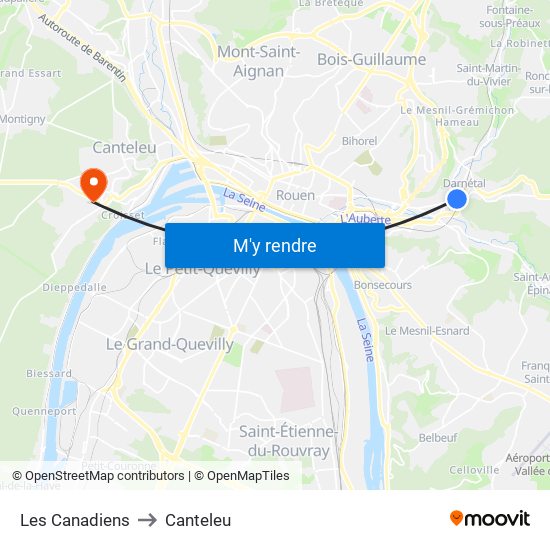 Les Canadiens to Canteleu map