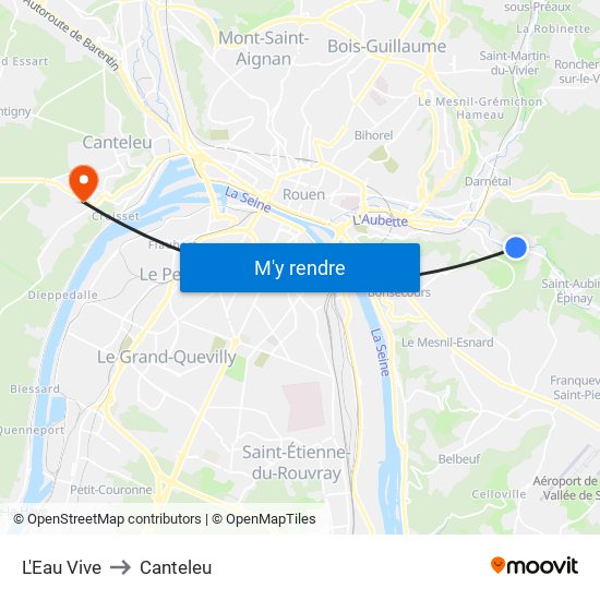 L'Eau Vive to Canteleu map