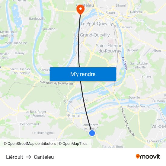 Liéroult to Canteleu map
