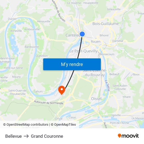 Bellevue to Grand Couronne map