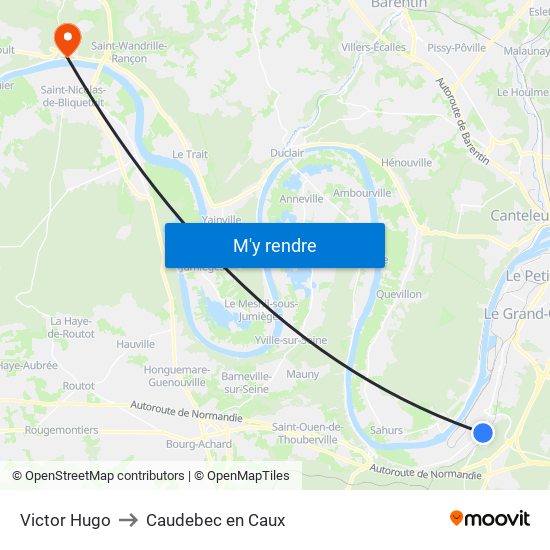 Victor Hugo to Caudebec en Caux map
