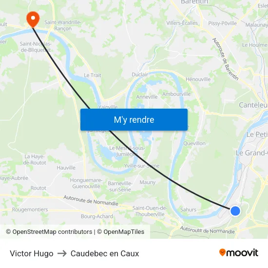Victor Hugo to Caudebec en Caux map