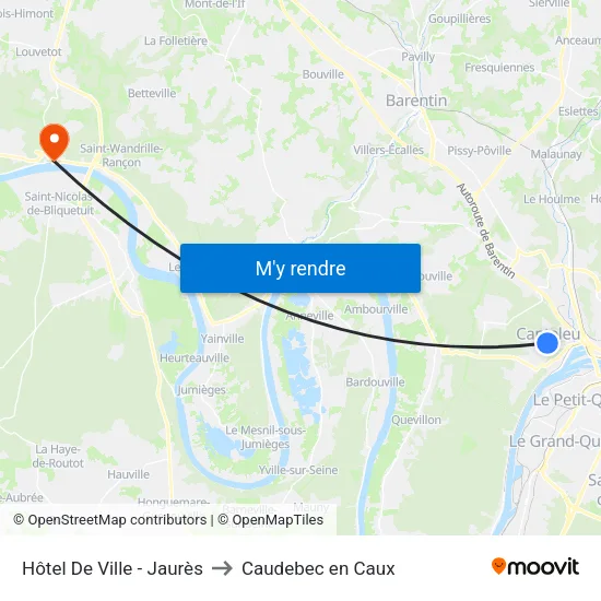 Hôtel De Ville - Jaurès to Caudebec en Caux map