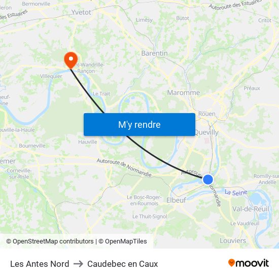 Les Antes Nord to Caudebec en Caux map