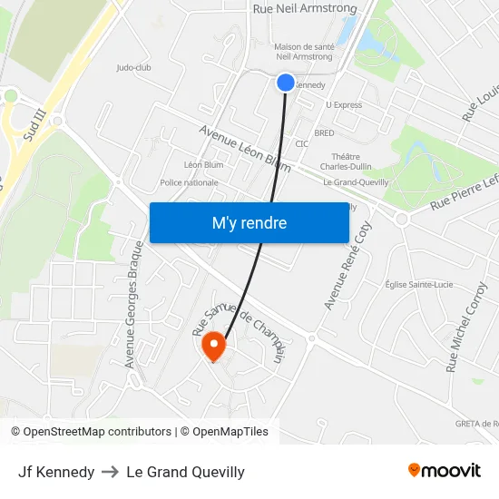 Jf Kennedy to Le Grand Quevilly map