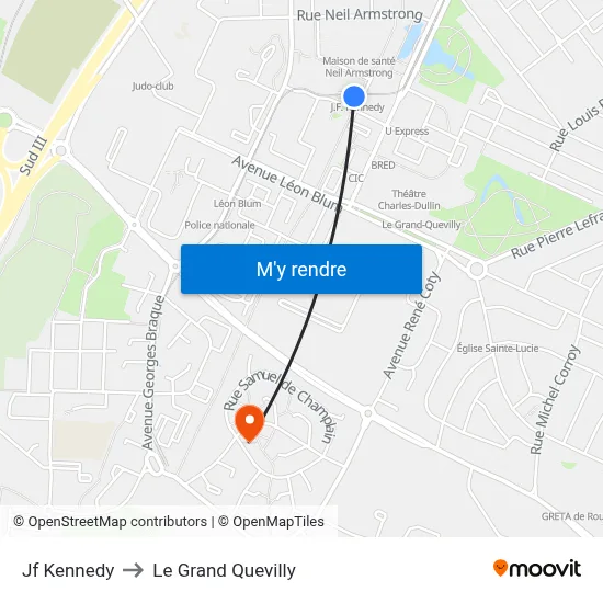 Jf Kennedy to Le Grand Quevilly map