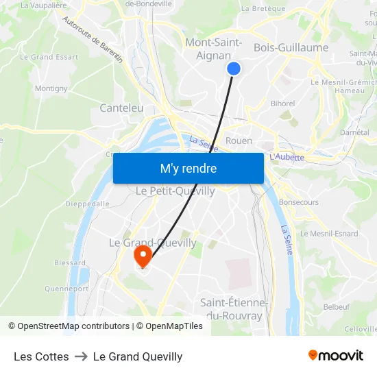 Les Cottes to Le Grand Quevilly map