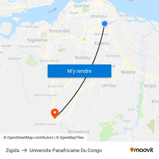 Zigida to Universite Panafricaine Du Congo map