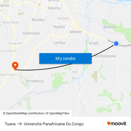 Tuana to Universite Panafricaine Du Congo map
