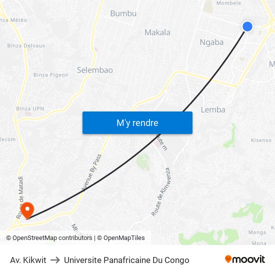 Av. Kikwit to Universite Panafricaine Du Congo map