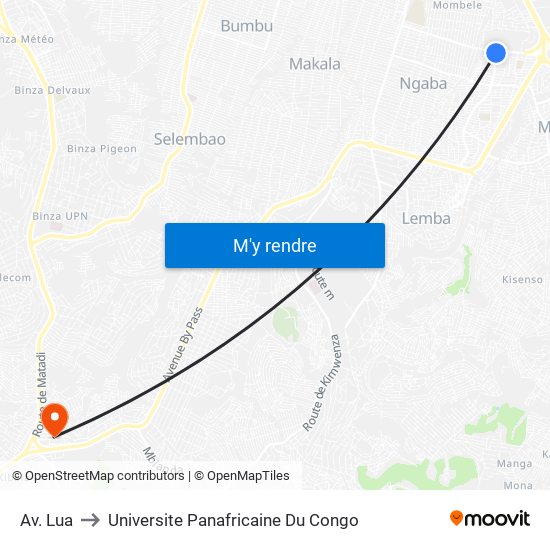 Av. Lua to Universite Panafricaine Du Congo map